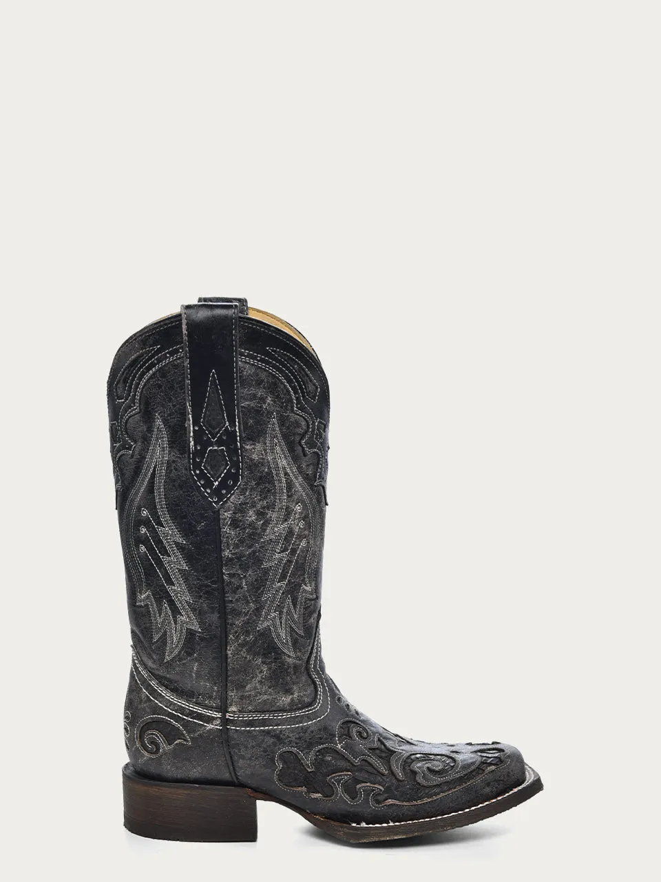 A2402 - WOMEN'S BLACK EMBROIDERY SNAKE INLAY SQUARE TOE COWBOY BOOT