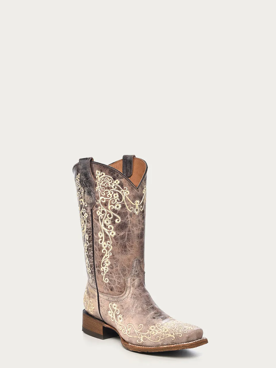 A2980 - TEEN'S BONE COLOR FLORAL EMBROIDERY SQUARE TOE COWBOY BOOT