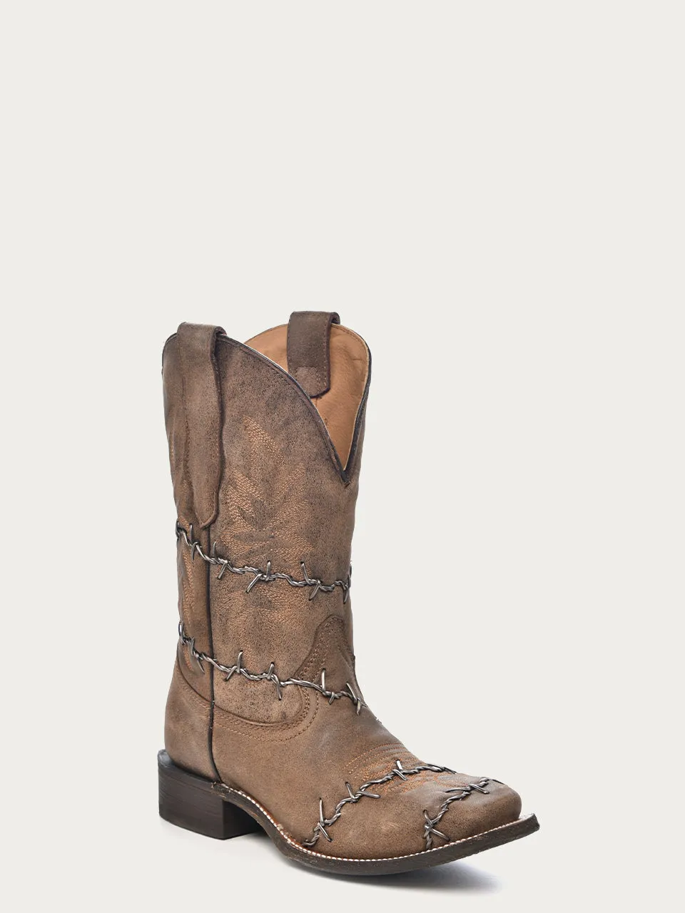 A3532 - MEN'S BARBED WIRE BROWN SQUARE TOE COWBOY BOOT