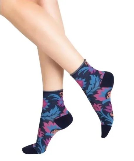 Bleuforet Cotton Roll-Top Ankle Socks with Floral Pattern