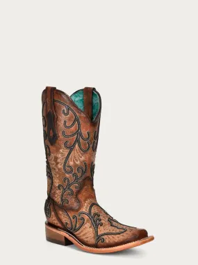 C3966 - WOMEN'S COGNAC OVERLAY EMBROIDERY AND STUDS SQUARE TOE COWBOY BOOT