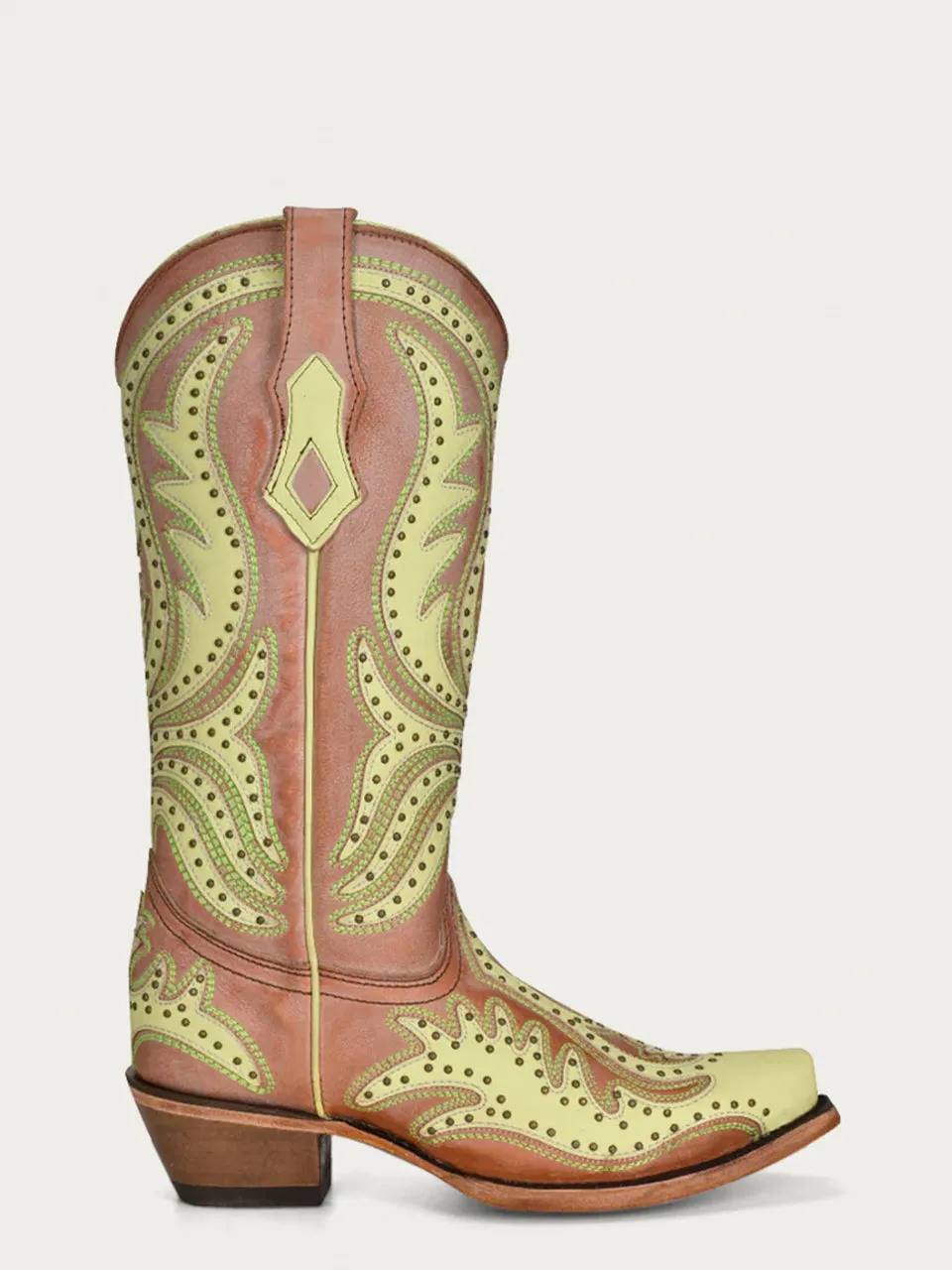 C3971 - WOMEN'S LIME GREEN FLUORESCENT EMBROIDERY AND STUDS SNIP TOE COWBOY BOOT