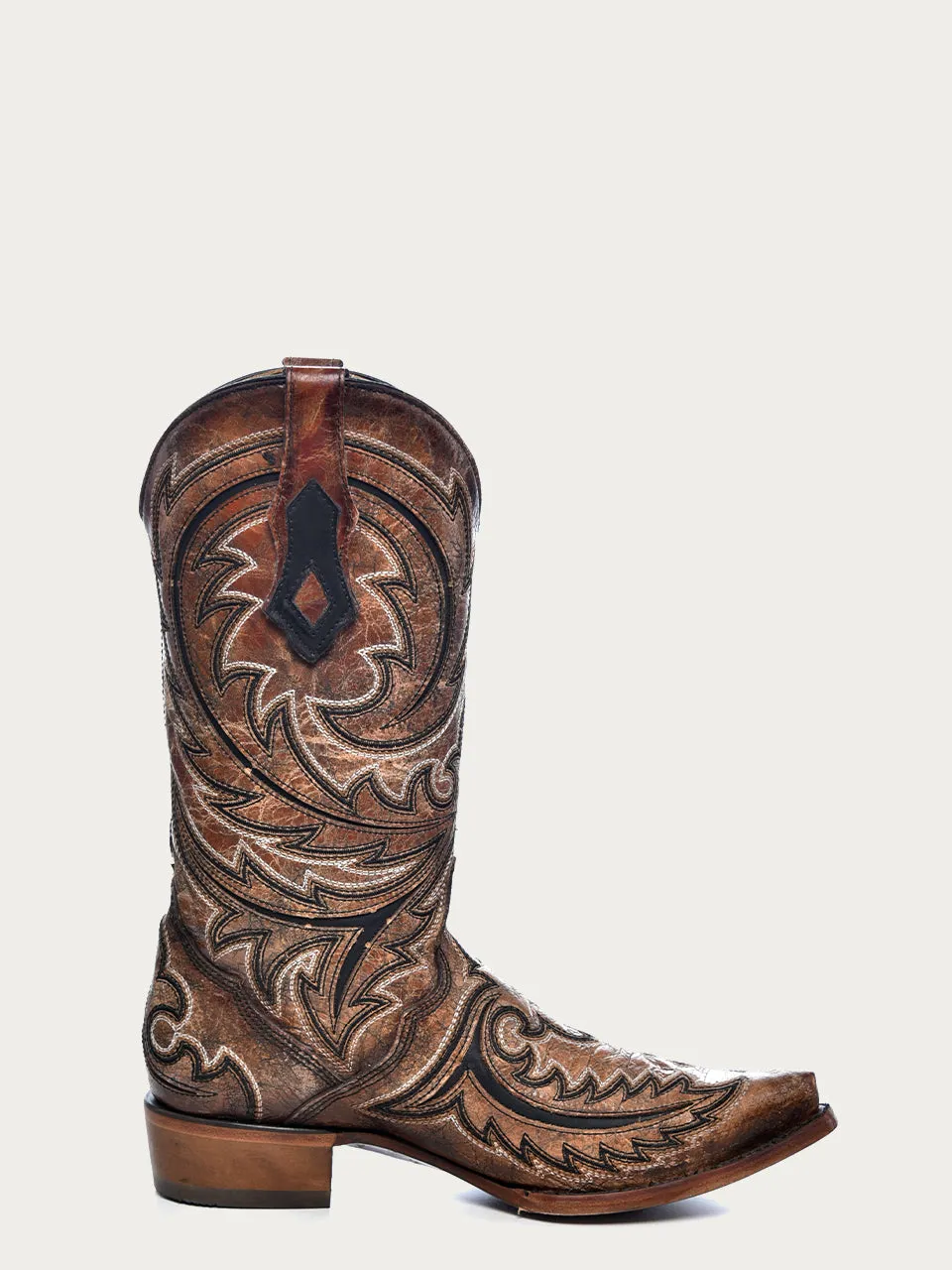 C4075 - MEN'S BLACK INLAY EMBROIDERY TRIAD SNIP TOE BROWN COWBOY BOOT