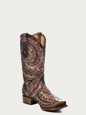 C4075 - MEN'S BLACK INLAY EMBROIDERY TRIAD SNIP TOE BROWN COWBOY BOOT