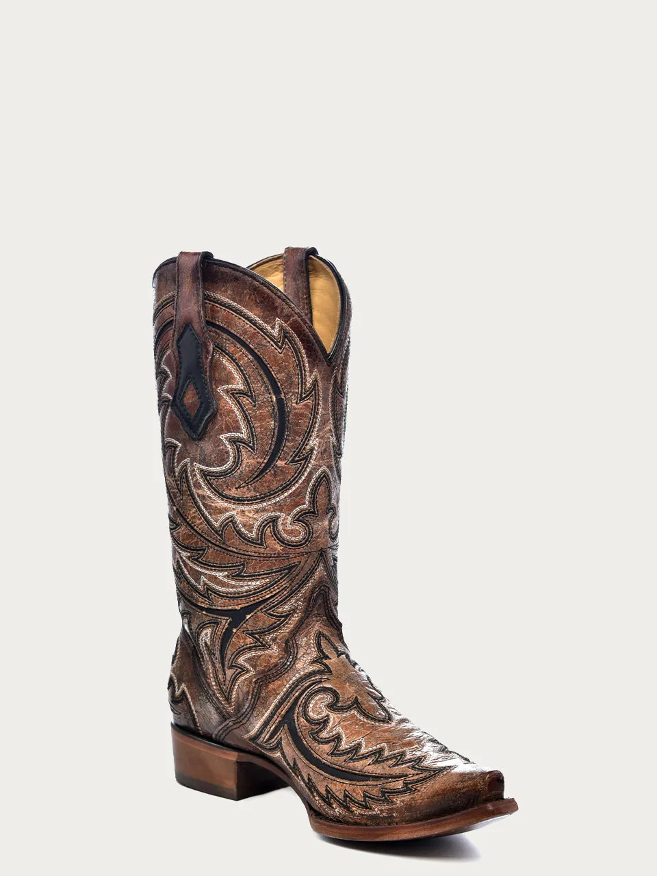 C4075 - MEN'S BLACK INLAY EMBROIDERY TRIAD SNIP TOE BROWN COWBOY BOOT