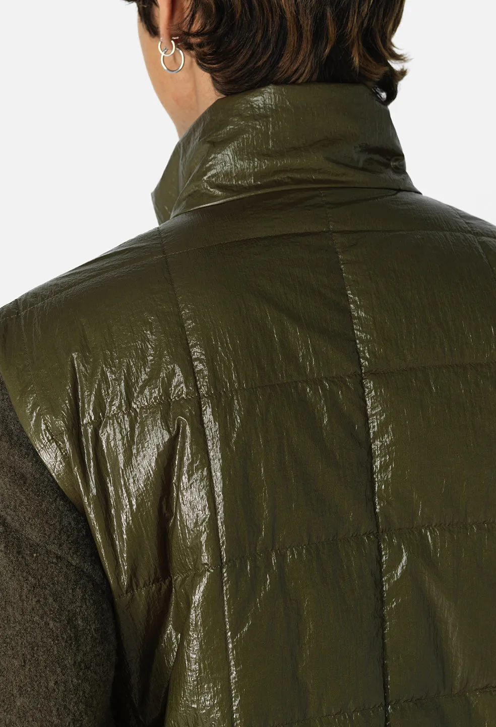 Coated Nylon Puffer Vest / Olive