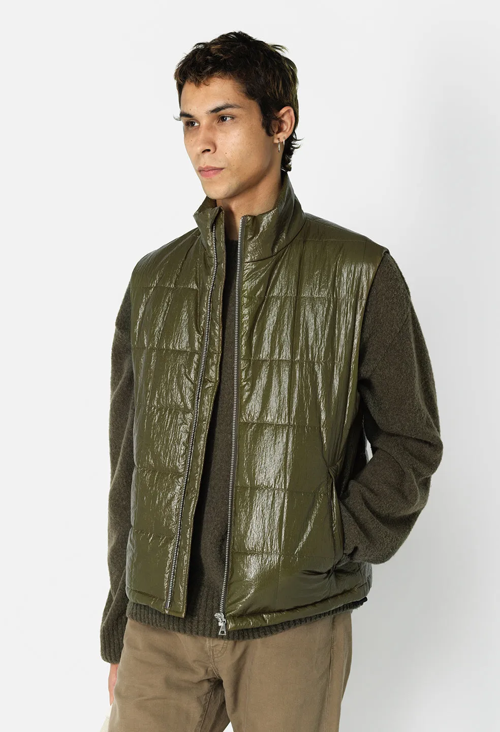 Coated Nylon Puffer Vest / Olive