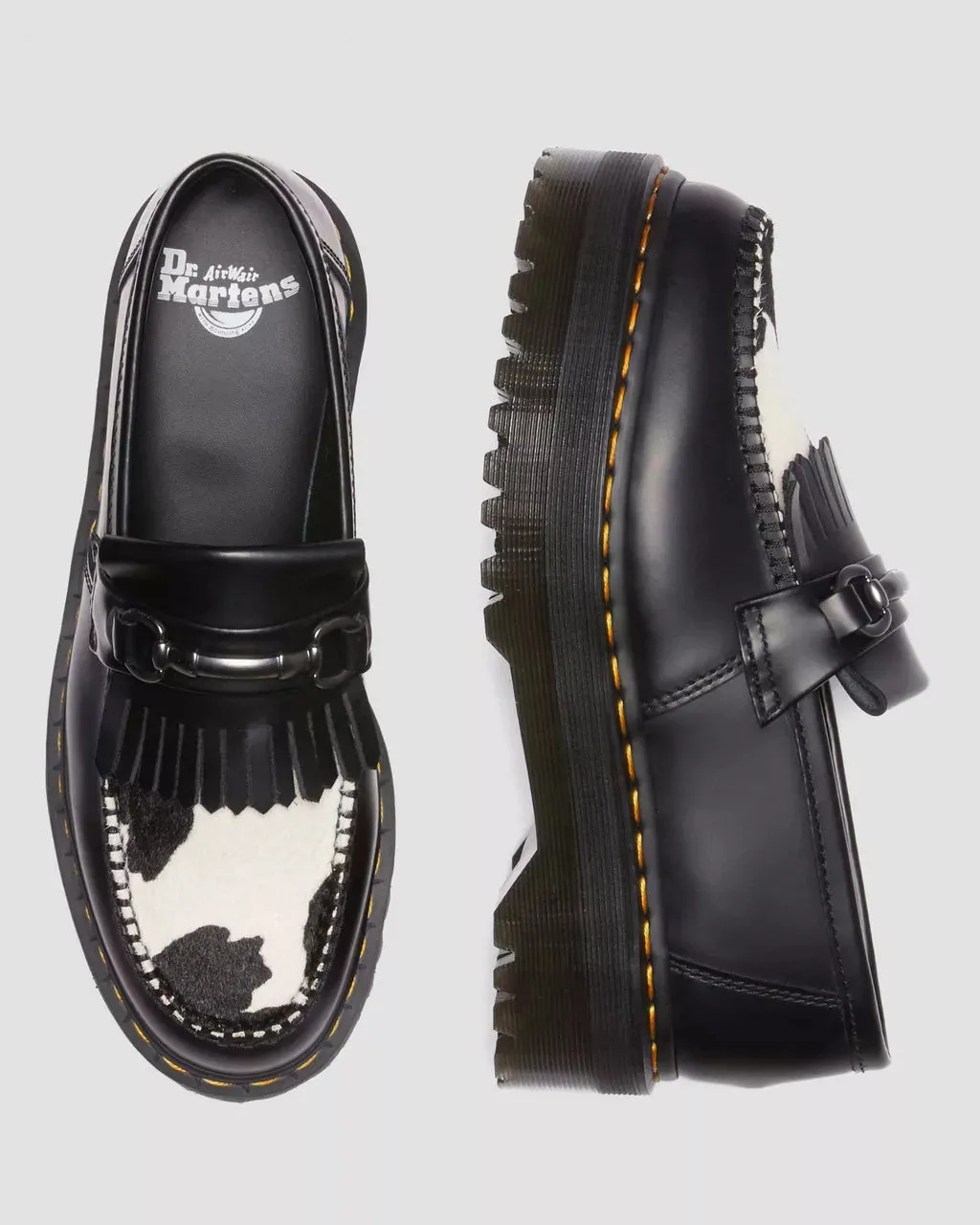 Doc Martens UNISEX ADRIAN SNAFFLE HAIR ON & LEATHER COW PRINT KILTIE LOAFERS (BLACK COW PRINT SMOOTH HAIR ON)