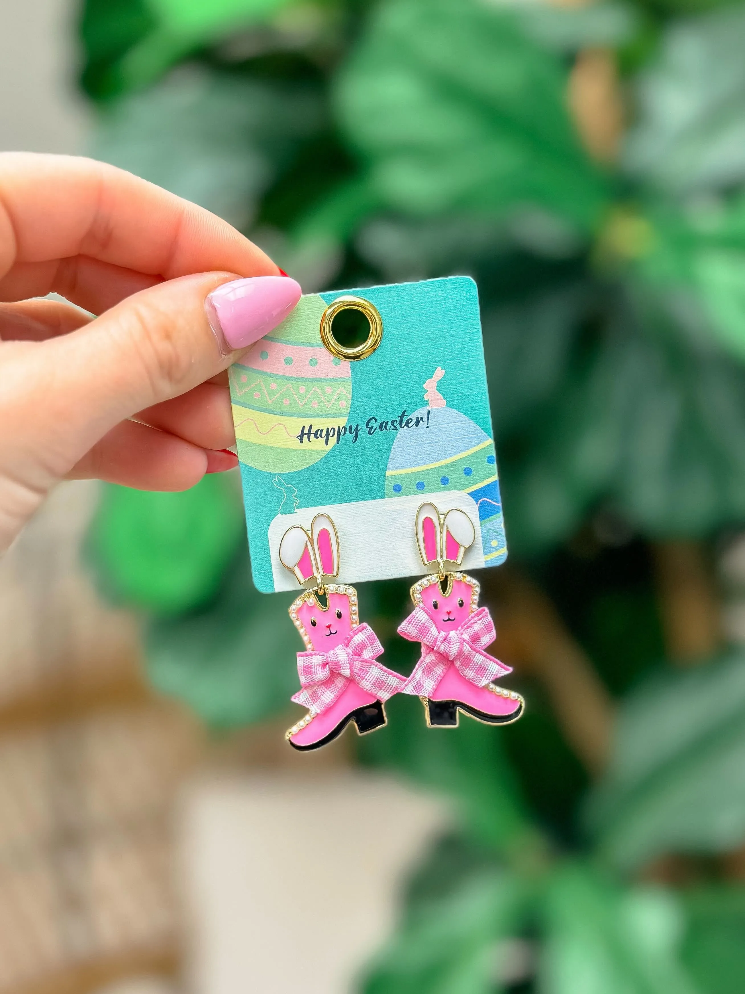 Enamel Bunny Boot Dangle Earrings - Pink