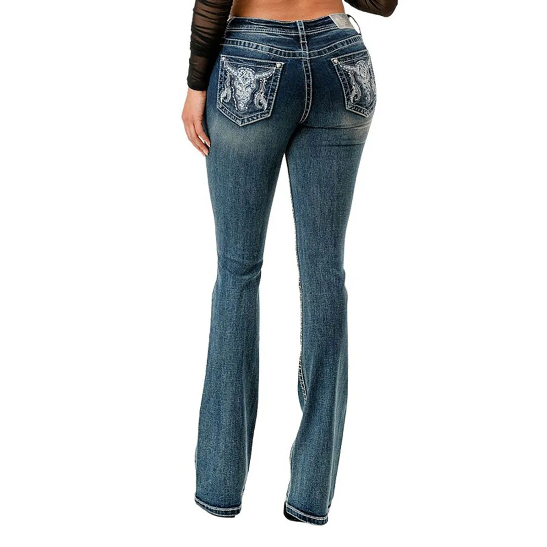 Grace In LA Steer Head Embellished Pocket Boot Cut Jeans