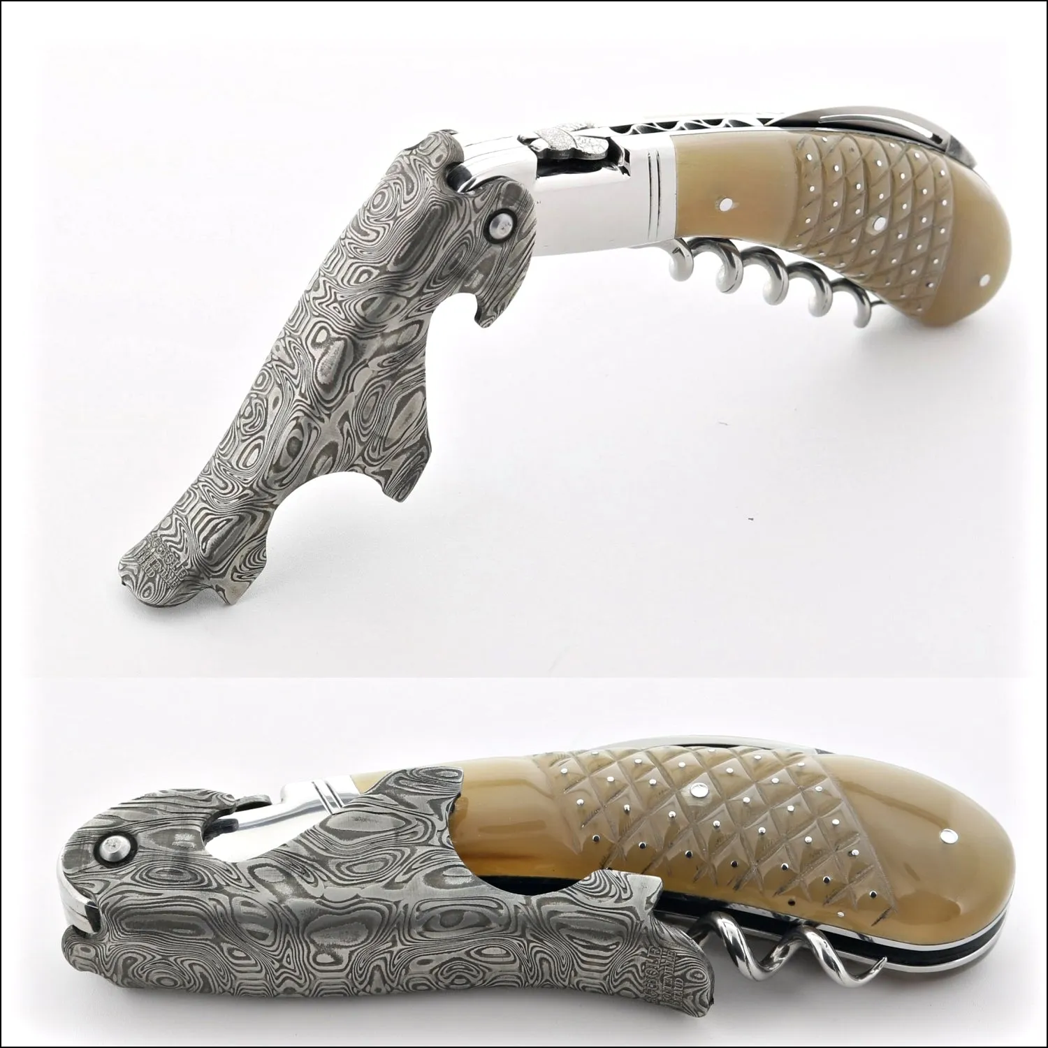 Laguiole Magnum Damascus Studded Horn Tip Corkscrew