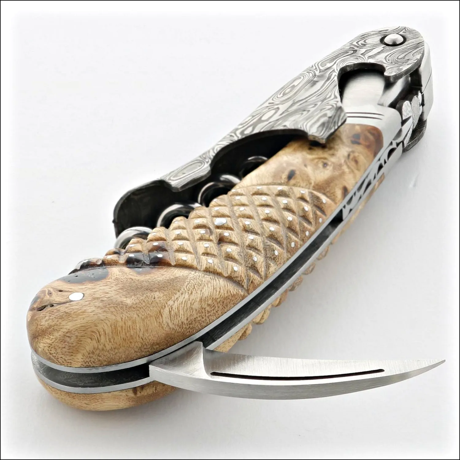 Laguiole Magnum Damascus Studded Poplar Burl Corkscrew