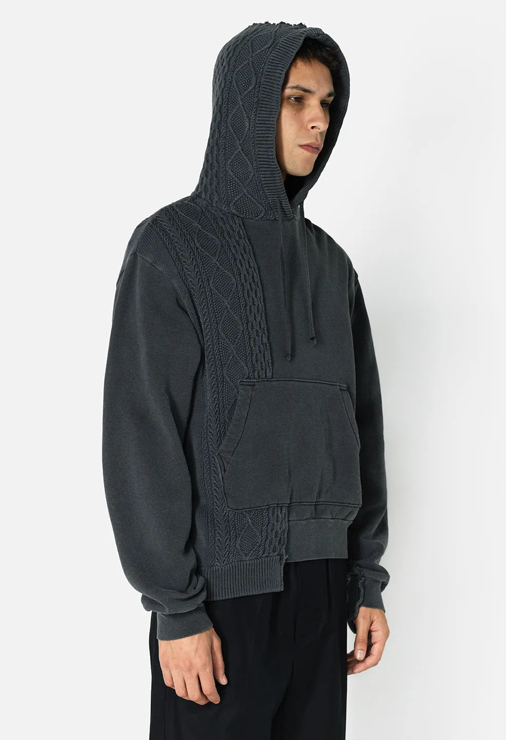 Reconstructed Cable Knit Hoodie / Washed Black