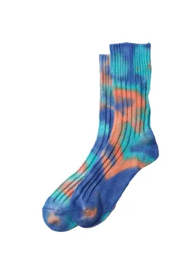 Rototo Chunky Ribbed Crew Socks Tie Blue / Orange / Turq