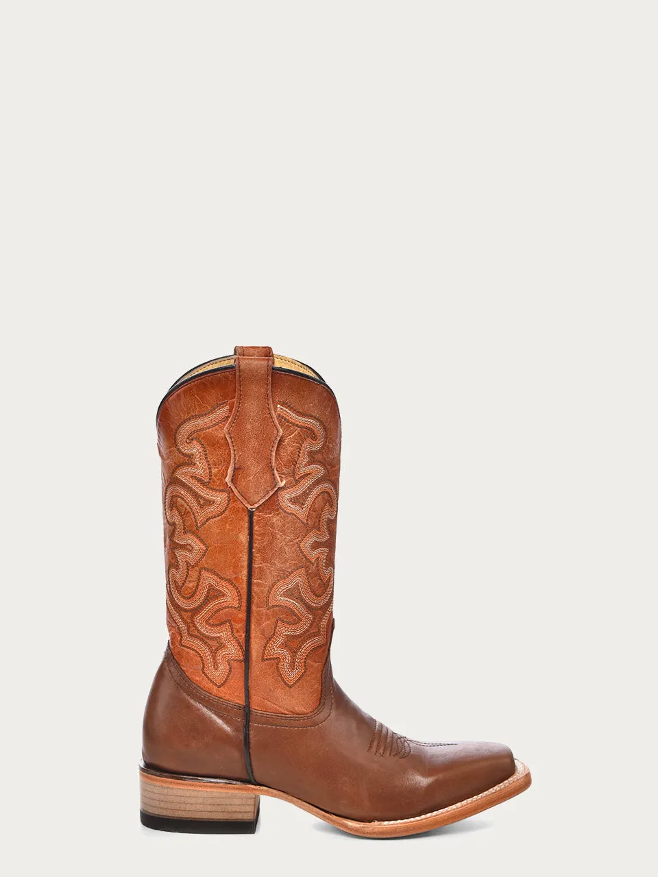 T0164 - TEEN'S BROWN ORANGE EMBROIDERY SQUARE TOE COWBOY BOOT