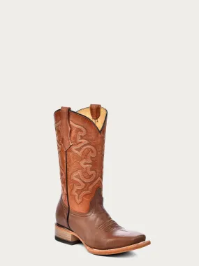 T0164 - TEEN'S BROWN ORANGE EMBROIDERY SQUARE TOE COWBOY BOOT