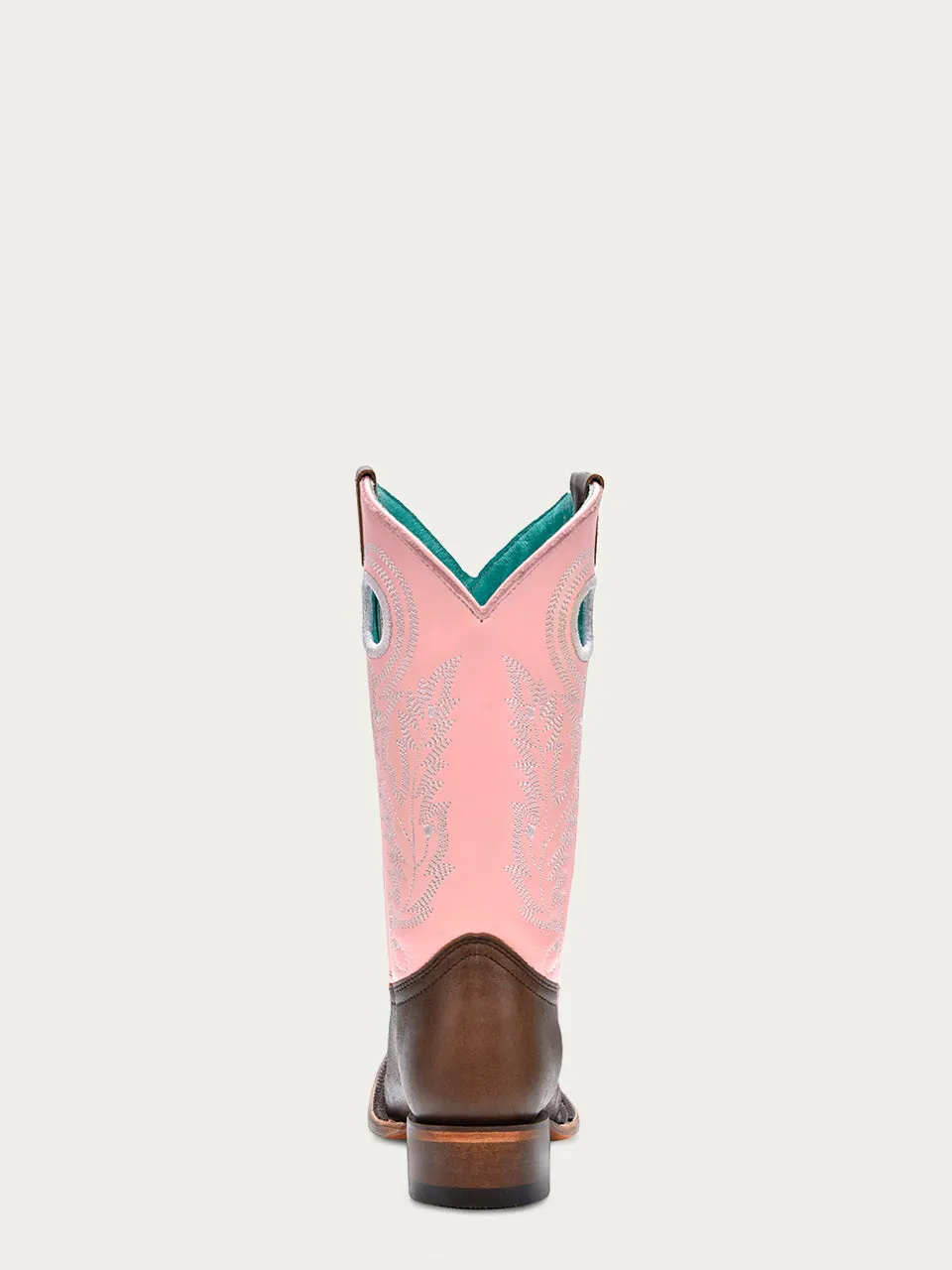 T0181 - TEEN'S PINK EMBROIDERY BROWN SQUARE TOE COWBOY BOOT