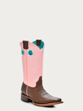 T0181 - TEEN'S PINK EMBROIDERY BROWN SQUARE TOE COWBOY BOOT