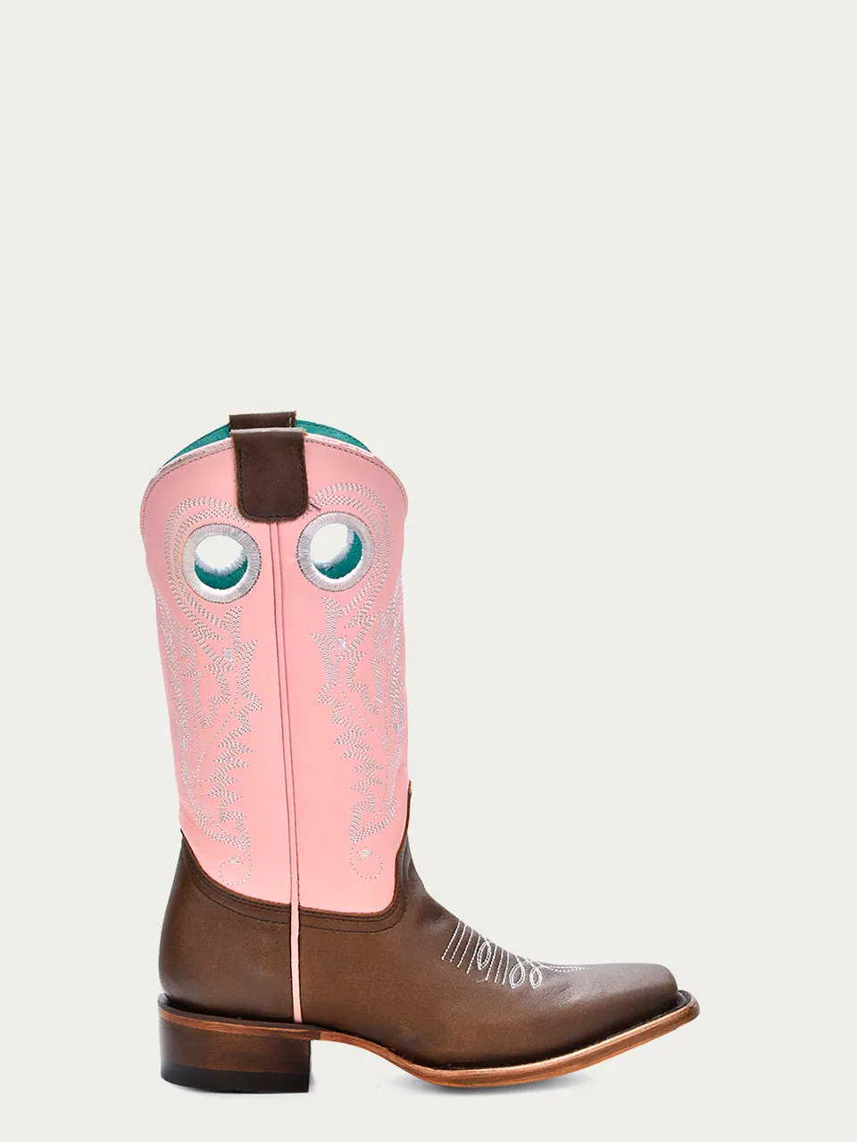 T0181 - TEEN'S PINK EMBROIDERY BROWN SQUARE TOE COWBOY BOOT