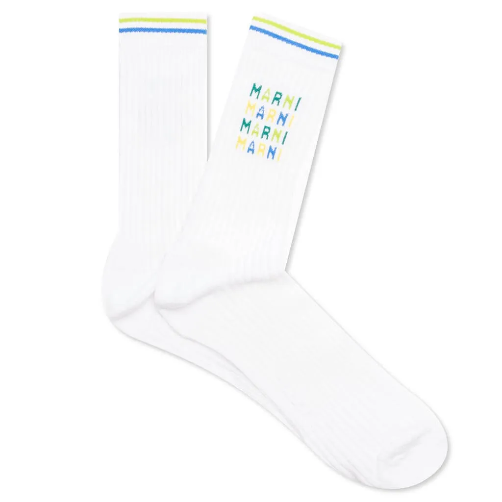 White Ribbed Cotton Socks With Multicoloured Logos - Lily White