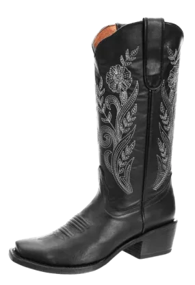 Women's Black with Natural Stem Designed Leather Square Toe Rodeo Boot